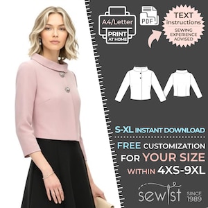 May include: A woman in a light pink jacket with decorative buttons and a black skirt. The image features a sewing pattern graphic, with text stating "S-XL Instant Download" and "Free Customization for Your Size within 4XS-9XL."