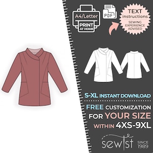 May include: A printable sewing pattern for a long, collared jacket with a diagonal closure. The pattern is available in sizes S-XL and can be customised for sizes 4XS-9XL. The pattern is available for instant download and includes text instructions. Sewing experience is advised.