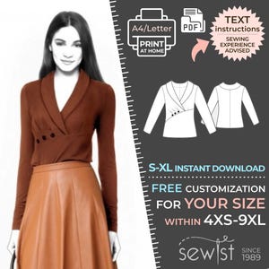 Puede incluir: Un patrón de costura digital para una blusa marrón con cuello en V y mangas largas. El patrón está disponible en tallas S-XL y se puede personalizar para tallas 4XS-9XL. El patrón está disponible para descarga instantánea e incluye instrucciones de texto. Se recomienda experiencia en costura.
