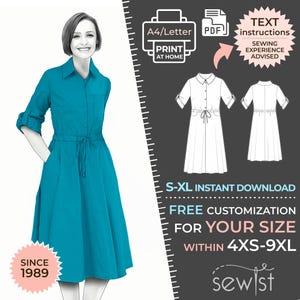 Könnte beinhalten: Ein digitales Schnittmuster für ein türkisfarbenes Kleid mit Knopfleiste, langen Ärmeln und einer Schleife in der Taille. Das Schnittmuster ist in den Größen XS-9XL erhältlich und enthält Anweisungen zum Nähen. Das Schnittmuster steht zum sofortigen Download bereit.