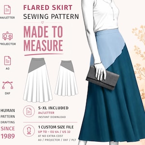 May include: A digital sewing pattern for a flared skirt featuring text that reads Flared Skirt Sewing Pattern, Made to Measure, and Human Pattern Drafting Since 1989. The graphic includes icons for A4, Letter, A0, and DXF file formats.