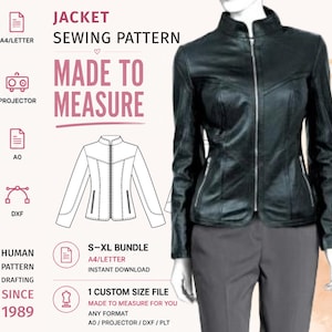 Pode incluir: Um molde de costura para jaqueta preta com gola alta, zíper frontal e bolsos laterais. A imagem inclui o texto: JACKET SEWING PATTERN, MADE TO MEASURE, HUMAN PATTERN DRAFTING SINCE 1989, S-XL BUNDLE, A4/LETTER, PROJECTOR, A0, DXF, 1 CUSTOM SIZE FILE.