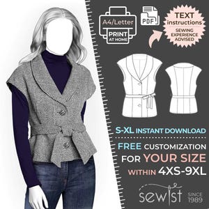 Könnte beinhalten: Ein digitales Schnittmuster für eine ärmellose Weste mit Kragen, Knöpfen und Gürtel. Das Schnittmuster ist in den Größen S-XL erhältlich und kann für die Größen 4XS-9XL angepasst werden. Das Schnittmuster ist ein sofortiger Download und enthält Textanweisungen. Näherfahrung wird empfohlen.
