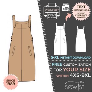 May include: A digital sewing pattern for a brown pinafore dress with pockets and straps. The pattern is available in sizes XS-9XL and includes instructions for sewing. The pattern is available for instant download.