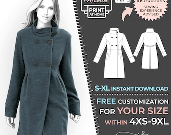 May include: A digital sewing pattern for a double-breasted coat with a high collar. The pattern is available in sizes S-XL and can be customized for sizes 4XS-9XL. The pattern is available for instant download and includes text instructions. Sewing experience is advised.