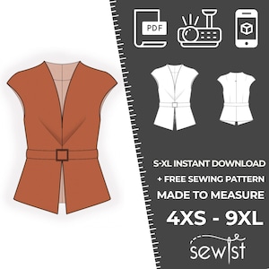 2533 Vest Sewing Pattern PDF Download, S-M-L-XL or Free Made to Measure Personalization, Royalty Free Personal or Commercial Use