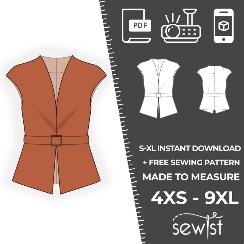 2533 Vest Sewing Pattern PDF Download, S-M-L-XL or Free Made to Measure Personalization, Royalty Free Personal or Commercial Use image 1