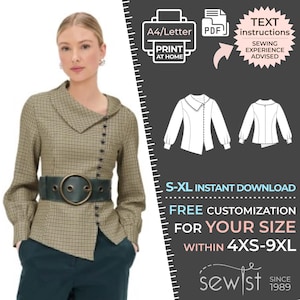 May include: A woman wearing a tan and black plaid jacket with a wide green belt. The image includes a sewing pattern with text that reads "S-XL Instant Download" and "Free Customization for Your Size within 4XS-9XL."