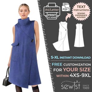 May include: A sleeveless, blue dress with a high collar and asymmetrical design. The dress features a single pocket and a large button closure. The image also includes a sewing pattern with text instructions and the words "S-XL Instant Download".