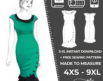 4414 Women's Dress Sewing Pattern PDF - S,M,L,XL / Custom Size - Elegant Wedding, Office, Summer Dress, Simple Guide, Plus Sizes Petite-Tall