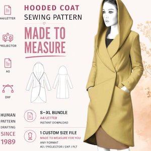 Patrón de costura en PDF para abrigo cruzado con capucha · Abrigo asimétrico · Tallas S–XL + Tallas personalizadas