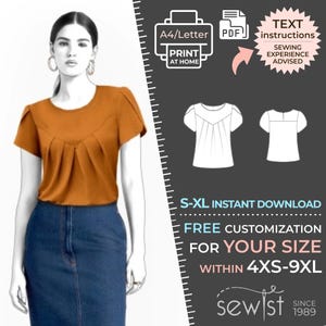 May include: A digital sewing pattern for a women's blouse with a gathered neckline and short sleeves. The pattern is available in sizes S-XL and can be customised for sizes 4XS-9XL. The pattern is available as an instant download and includes text instructions. The pattern is printed on A4/Letter paper and is suitable for home printing.