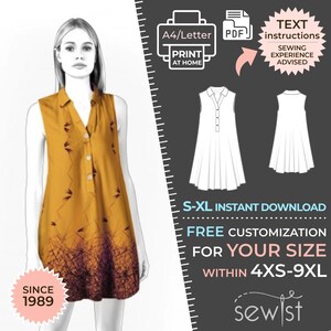 May include: A digital sewing pattern for a sleeveless dress with a collared neckline and button closure. The pattern is available in sizes XS-9XL and includes instructions for customization. The pattern is available for instant download.