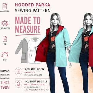 Może przedstawiać: Wykrój krawiecki na parkę z kapturem z tekstem HOODED PARKA SEWING PATTERN, MADE TO MEASURE oraz HUMAN PATTERN DRAFTING SINCE 1989. Obraz przedstawia dwa manekiny w czerwonej i jasnoniebieskiej parce oraz ikony plików A4, A0 i DXF.