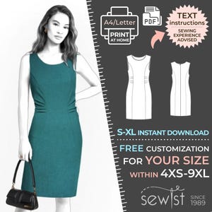 May include: A digital sewing pattern for a sleeveless dress with a fitted bodice and a straight skirt. The pattern is available in sizes XS-9XL and includes instructions for customization. The pattern is available for instant download. The image shows a model wearing a teal version of the dress.