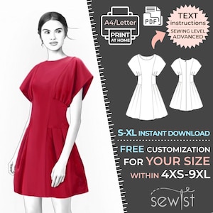Könnte beinhalten: Ein druckbares PDF-Schnittmuster für ein rotes Kleid mit einem gerafften Rock und kurzen Ärmeln. Das Schnittmuster ist in den Größen S-XL erhältlich und kann für die Größen 4XS-9XL angepasst werden. Das Schnittmuster enthält schriftliche Anweisungen und ist als fortgeschrittenes Nähprojekt gekennzeichnet.