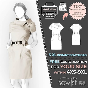 Könnte beinhalten: Ein digitales Schnittmuster für ein beiges Kleid mit Kragen, kurzen Ärmeln und einem Gürtel. Das Schnittmuster ist zum Download in den Größen S-XL verfügbar und kann für die Größen 4XS-9XL angepasst werden. Das Schnittmuster enthält schriftliche Anweisungen und erfordert Näherfahrung.