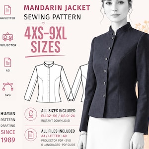 Peut inclure: Un patron de couture numérique pour une veste à col mandarin gris anthracite, avec un col montant et une fermeture boutonnée. L'image inclut des dessins techniques, une gamme de tailles 4XS-9XL et des formats A4, Letter, A0 et projecteur.