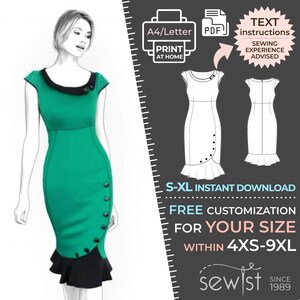 Op de afbeelding: Een digitaal naaipatroon voor een groene en zwarte jurk met een gerimpelde zoom. Het patroon is beschikbaar om te downloaden in de maten XS-9XL. De tekst op de afbeelding luidt "TEXT instructions SEWING EXPERIENCE ADVISED".