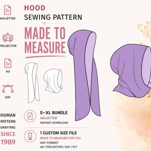 May include: A digital sewing pattern for a hood, featuring text that reads HOOD SEWING PATTERN, MADE TO MEASURE, S-XL BUNDLE, and HUMAN PATTERN DRAFTING SINCE 1989. The graphic displays illustrations of a long hood and a shorter cowl-style hood in lavender.