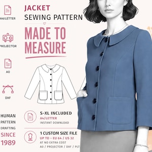 May include: A blue jacket sewing pattern featuring a rounded collar, five dark buttons, and two front patch pockets. The graphic includes text: JACKET SEWING PATTERN, MADE TO MEASURE, HUMAN PATTERN DRAFTING SINCE 1989, S-XL INCLUDED, and 1 CUSTOM SIZE FILE.