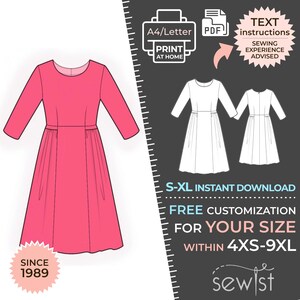 May include: A printable sewing pattern for a pink dress with 3/4 sleeves. The pattern is available in sizes S-XL and can be customized for sizes 4XS-9XL. The pattern is available as an instant download and includes text instructions. Sewing experience is advised.
