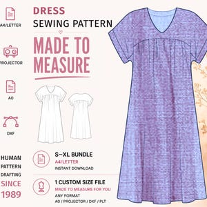 Könnte beinhalten: Ein Schnittmuster für ein Kleid mit V-Ausschnitt, kurzen Ärmeln und gerafftem Oberteil. Der Text umfasst DRESS SEWING PATTERN, MADE TO MEASURE, S-XL BUNDLE und HUMAN PATTERN DRAFTING SINCE 1989, mit Symbolen für A4/LETTER, PROJECTOR, A0 und DXF-Formate.