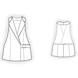 May include: A sleeveless dress with a V-neckline and a wrap-style front. The dress has a belt at the waist and a slightly flared skirt.