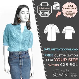 May include: A digital sewing pattern for a blouse with a V-neck and puffed sleeves. The pattern is available in sizes S-XL and can be customised for sizes 4XS-9XL. The pattern is an instant download and includes text instructions. Sewing experience is advised.