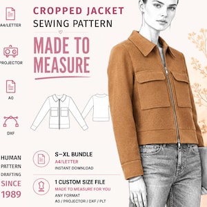 May include: A digital sewing pattern for a cropped jacket with a collar, front zipper, and two chest pockets. The graphic includes text reading Cropped Jacket Sewing Pattern, Made to Measure, and Human Pattern Drafting Since 1989, with icons for A4, Letter, A0, Projector, and DXF file formats.