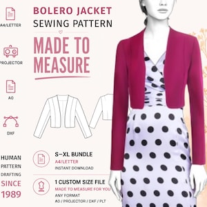 May include: A sewing pattern for a magenta bolero jacket with long sleeves and an open front. The graphic includes text reading BOLERO JACKET SEWING PATTERN, MADE TO MEASURE, and S-XL BUNDLE, alongside icons for A4, Letter, A0, and DXF file formats.