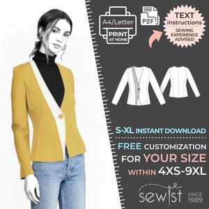 May include: A digital sewing pattern for a blazer with a contrasting white collar and a single button closure. The pattern is available in sizes S-XL and can be customized for sizes 4XS-9XL. The pattern is available for instant download and includes text instructions. Sewing experience is advised.