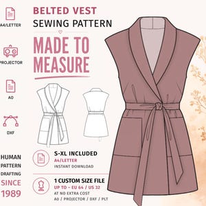May include: A digital sewing pattern for a belted vest, featuring a mauve illustration of the garment with a shawl collar, tie waist, and two front pockets. Text includes Belted Vest Sewing Pattern, Made to Measure, S-XL Included, and Human Pattern Drafting Since 1989.