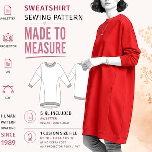 以下が含まれることがあります： 赤い長袖スウェットシャツ、衣服の線画、およびSWEATSHIRT SEWING PATTERN、MADE TO MEASURE、S-XL INCLUDED、1 CUSTOM SIZE FILE UP TO EU 64 / US 32などのテキストを含む、スウェットシャツ用のデジタル縫製パターン。
