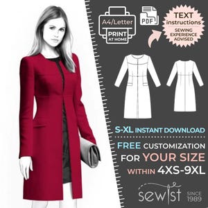 May include: A digital sewing pattern for a red coat with a long, fitted silhouette and a front slit. The pattern is available for download in sizes XS-9XL and includes instructions for sewing. The pattern is from Sewist, a company that has been in business since 1989.