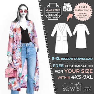 Puede incluir: Un patrón de costura PDF imprimible para un abrigo largo con cuello y bolsillos. El patrón está disponible en tallas 4XS a 9XL e incluye instrucciones para la personalización. El patrón está disponible para descarga instantánea y requiere experiencia en costura.