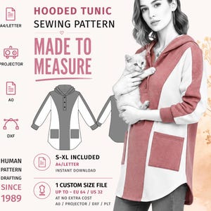 Peut inclure: Un patron de couture pour tunique à capuche avec un design color-block, un panneau central, des manches longues et deux poches avant. Le graphique inclut le texte HOODED TUNIC SEWING PATTERN, MADE TO MEASURE, S-XL INCLUDED et HUMAN PATTERN DRAFTING SINCE 1989.