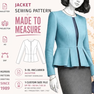May include: A digital sewing pattern for a light blue jacket with a peplum waist and a single front closure. The graphic includes text: JACKET SEWING PATTERN, MADE TO MEASURE, S-XL INCLUDED, A4/LETTER, PROJECTOR, A0, DXF, HUMAN PATTERN DRAFTING SINCE 1989.