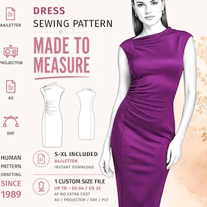 May include: A digital sewing pattern for a fitted purple dress with a high neckline and side ruching. The graphic includes text: DRESS SEWING PATTERN, MADE TO MEASURE, S-XL INCLUDED, 1 CUSTOM SIZE FILE UP TO EU 64 / US 32, and HUMAN PATTERN DRAFTING SINCE 1989.