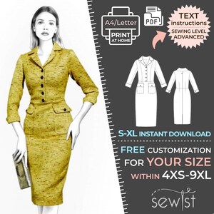 May include: A digital sewing pattern for a fitted dress with a collar and pockets. The pattern is available in sizes 4XS-9XL and includes instructions for sewing. The pattern is available for instant download and can be printed at home.