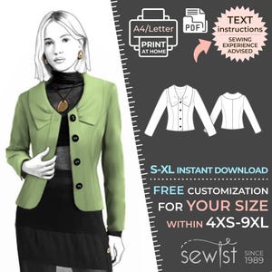 May include: A green blazer sewing pattern with a collar and button closure. The pattern is available for download in sizes S-XL and can be customized for sizes 4XS-9XL. The pattern is available as an instant download and includes text instructions. "Sewing experience advised."