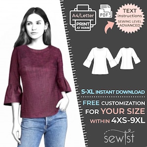Pode incluir: Um padrão de costura digital para uma blusa com mangas bufantes. O padrão está disponível nos tamanhos S-XL e pode ser personalizado para os tamanhos 4XS-9XL. O padrão é um download instantâneo e inclui instruções de texto. O nível de costura é avançado.