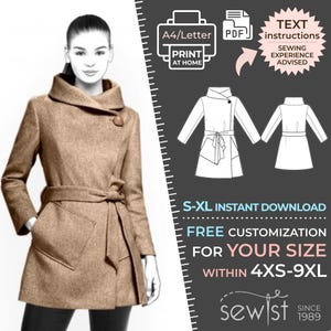 May include: A printable sewing pattern for a brown wrap coat with a collar, belt, and pockets. The pattern is available in sizes S-XL and 4XS-9XL. The text on the image reads "A4/Letter PDF Print at Home, Text instructions Sewing experience advised, S-XL Instant Download Free Customization for your size within 4XS-9XL sewist since 1989."