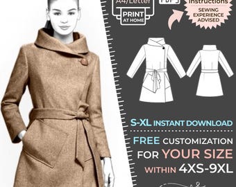 May include: A printable sewing pattern for a brown wrap coat with a collar, belt, and pockets. The pattern is available in sizes S-XL and 4XS-9XL. The text on the image reads "A4/Letter PDF Print at Home, Text instructions Sewing experience advised, S-XL Instant Download Free Customization for your size within 4XS-9XL sewist since 1989."