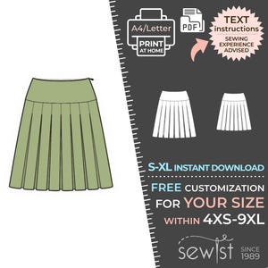 May include: Digital sewing pattern for a pleated skirt in olive green. The image includes illustrations of the skirt, text instructions, and size options from 4XS to 9XL. The pattern is available for instant download.
