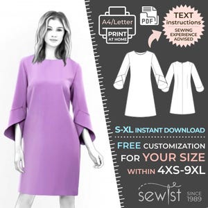 Könnte beinhalten: Ein fliederfarbenes Kleid mit ellbogenlangen Ärmeln und einem runden Ausschnitt. Das Bild enthält ein Schnittmuster mit Textanweisungen und Größenanpassungsoptionen. Der Text lautet "S-XL Sofort-Download" und "Kostenlose Anpassung für Ihre Größe innerhalb 4XS-9XL."