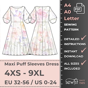 Maxi Puff Sleeves Dress, Women Dress Sewing Pattern, Sizes 4XS-9XL, Instant Download – Printable PDF Sewing Pattern A4/Letter and A0
