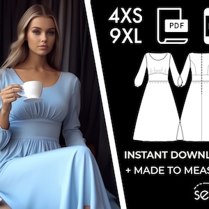 Women&#39;s Long Dress Sewing Pattern PDF - 4XS-9XL / Custom Size - Elegant Wedding, Office, Summer Dress, Simple, Plus Sizes Petite-Tall
