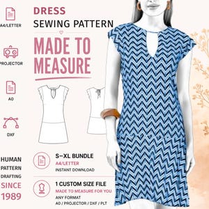 May include: A dress sewing pattern featuring a blue and white chevron print dress with a keyhole neckline and cap sleeves. The graphic includes text reading DRESS SEWING PATTERN, MADE TO MEASURE, S-XL BUNDLE, and HUMAN PATTERN DRAFTING SINCE 1989.