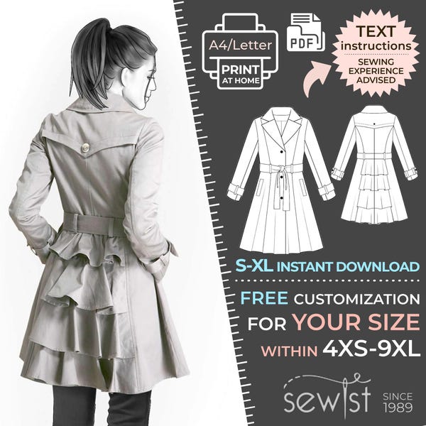 4176 PDF Coat Sewing Pattern - S-M-L-XL or Made to Measure Sewing Pattern PDF Download